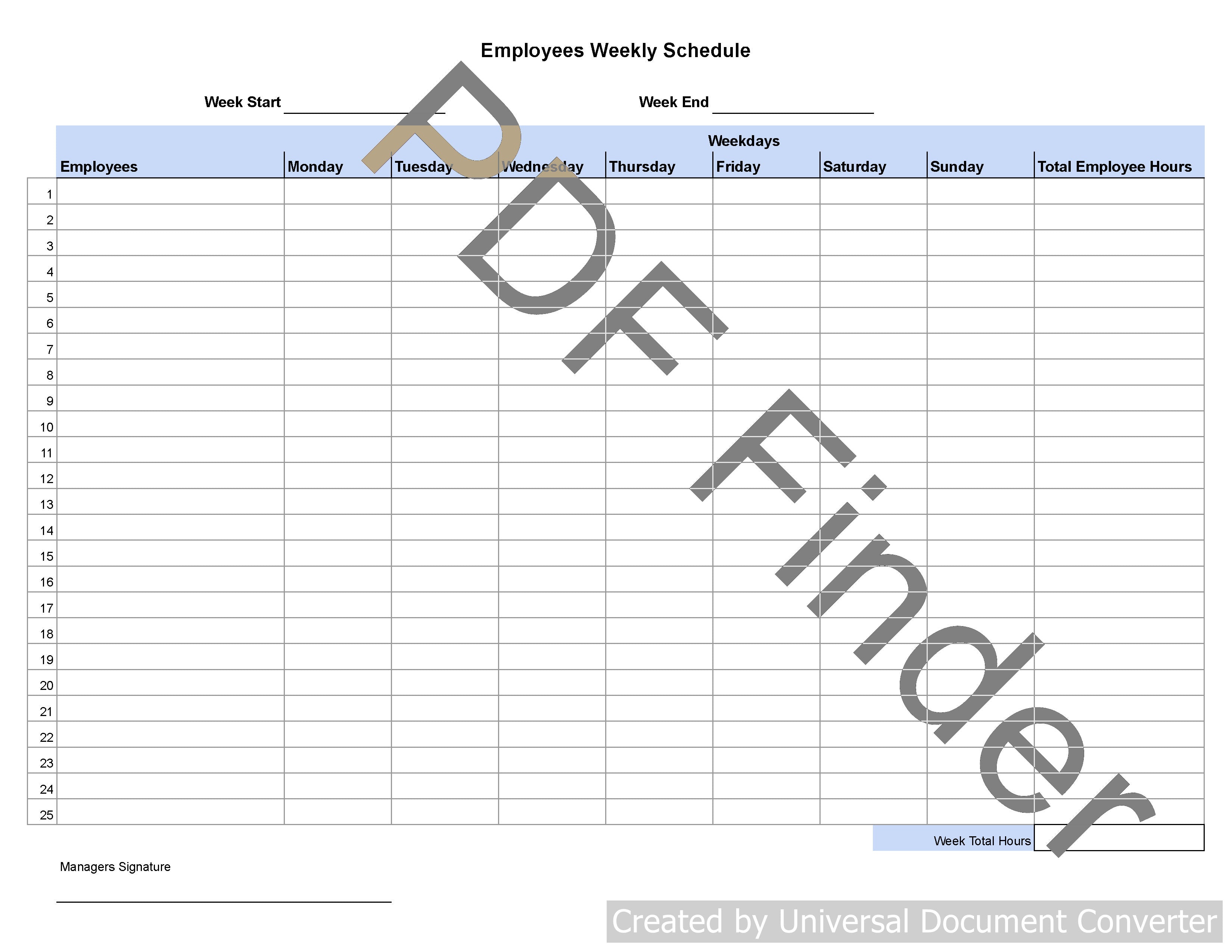 25 Employees Weekly Schedule
