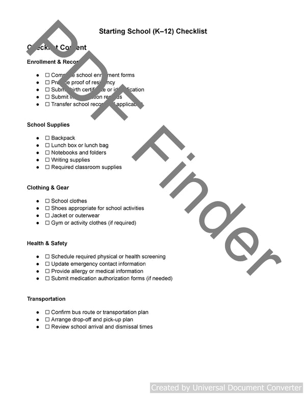 General Starting School Checklist (K1-K12)