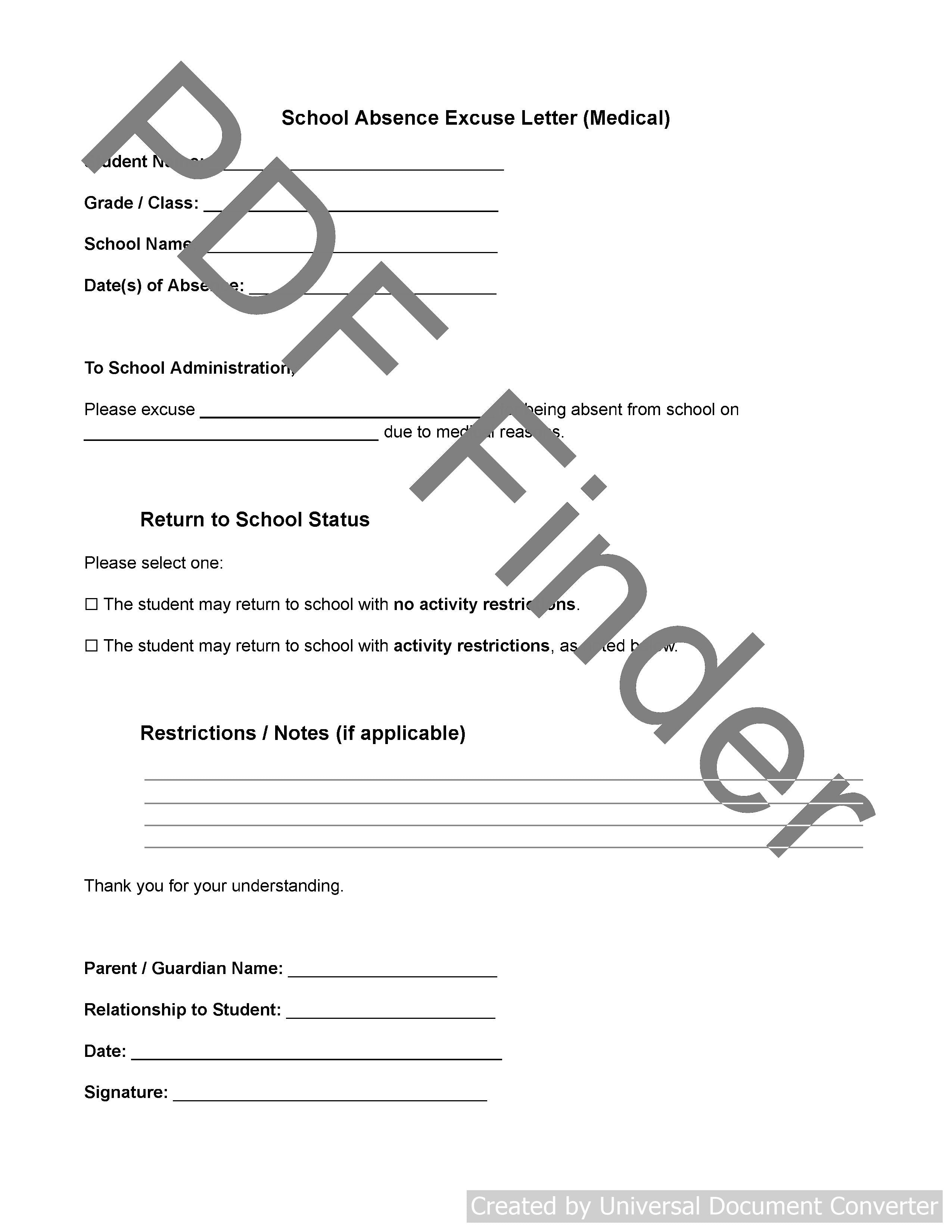 School Absence Excuse Letter (Medical)